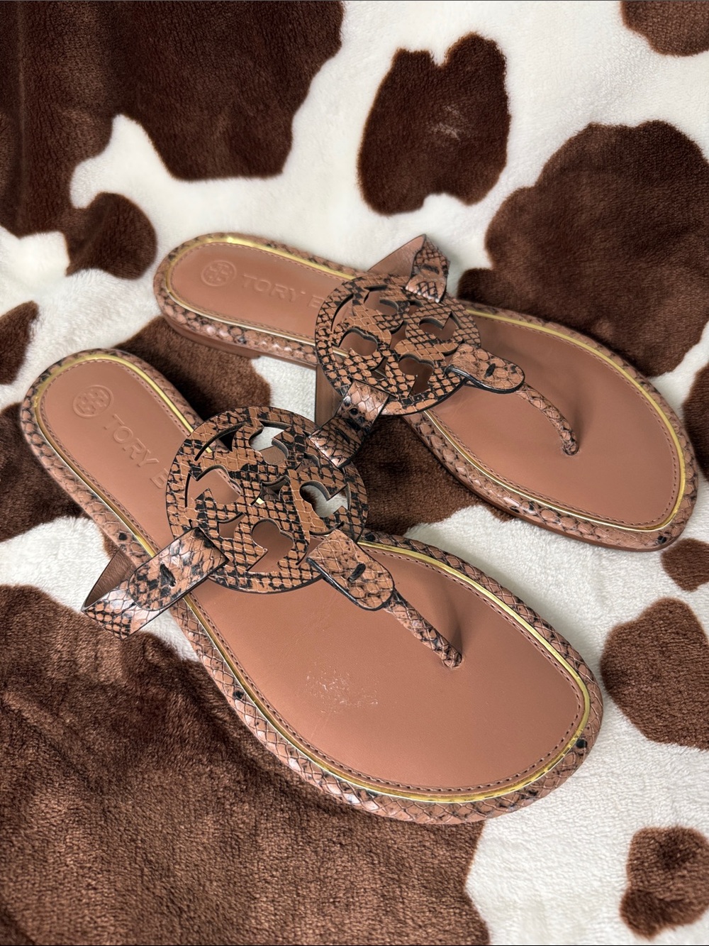 Tory Burch Tan Brown Snake-Print Miller Thong Sandals